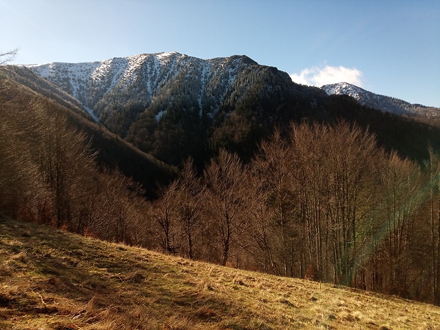 vrch Stratenec 1513 m.n.m. a Suchý 1468 m.n.m. z vrchu Príslopok 1141 m.n.m.od doliny Kúr