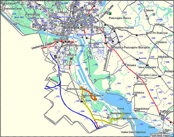oranžová trať je naša dnešná pešia trať a žltá je cesta na vodné dielo do Čunova.